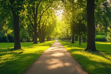Fototapeta premium A peaceful park pathway surrounded by tall trees with sunlight filtering through the leaves, creating a calm and inviting atmosphere for a stroll or relaxation