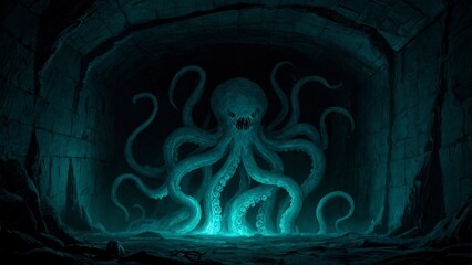 Ancient Evil: Abstract Tentacled Horror in a Subterranean Chamber