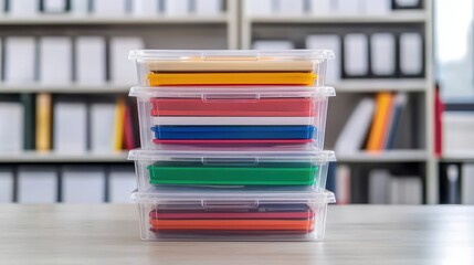Transparent plastic storage containers stacked, each holding colorful sheets of paper on a desk with blurred bookshelves in the background.