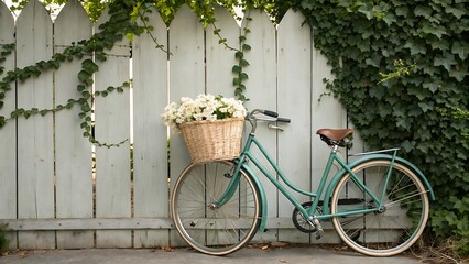 Decorative bicycle with flower basket parked near wooden wall.