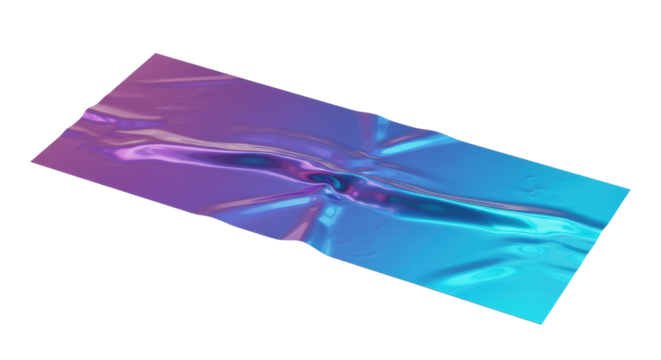 An abstract horizontal strip of crumpled iridescent foil with fluid-like creases, showing a vibrant gradient from deep purple to teal to bright cyan blue, isolated on a pristine transparent background