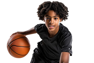 Young male basketball player in black uniform dribbling ball with determination and focus on professional court background, sports training and competition concept