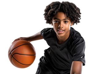 Young male basketball player in black uniform dribbling ball with determination and focus on professional court background, sports training and competition concept