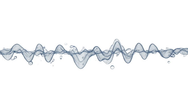 Abstract composition of a vertical grid, dynamic wavy patterns like digital waveforms, and translucent blue-grey data shapes, isolated on an immaculate white, shadowless background, concept of