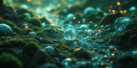 Ecological Intelligence Network Environmental knowledge system visualization showing interconnected awareness patterns, biosphere understanding abstract, Gaian thinking flows