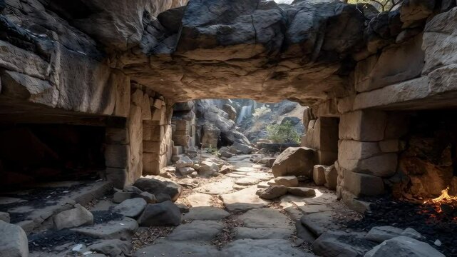 Serene and Ancient Rock Shelter with Natural Light and Shadows in an Enclosed Canyon Surrounded by Boulders and Lush Greenery