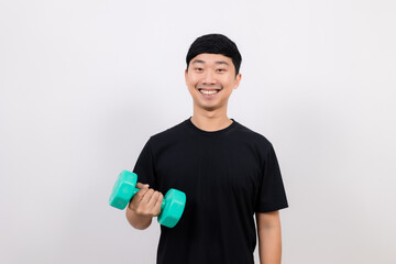 Asian man black hold dumbbell for exercise happy smile isolated