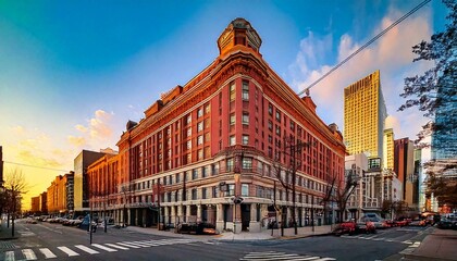 Downtown corner hotel with fire escape and city street