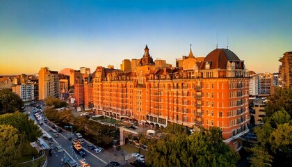 Naklejka premium Downtown corner hotel with fire escape and city street