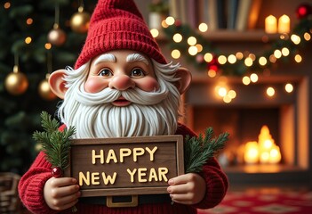 Gnome holding a sign that reads Happy New Year, cozy festive interior