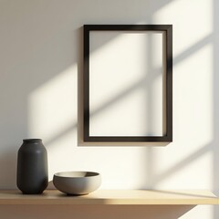 Modern Minimalist Interior Blank Frame Vase Bowl Sunlight Mockup