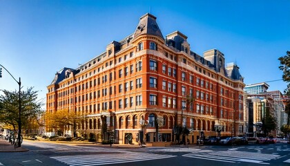 Obraz premium Downtown corner hotel with fire escape and city street