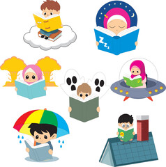 cute kids reading illustration set. fantasy, adventure, and education concept