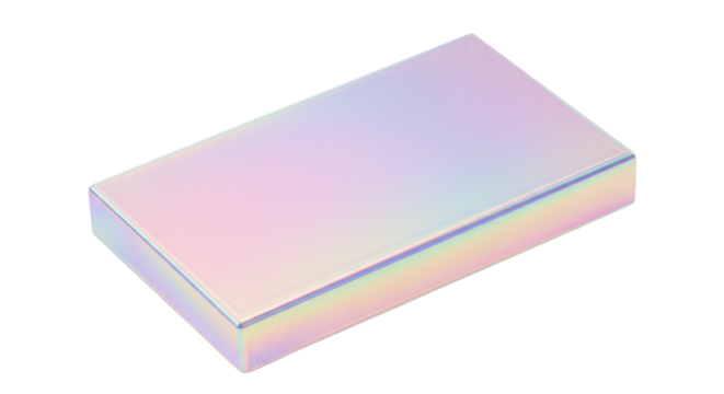 Iridescent holographic foil texture with smooth pastel pink, purple, blue, green, yellow gradients and soft light reflections, displaying diagonal streaks on a transparent background from a top