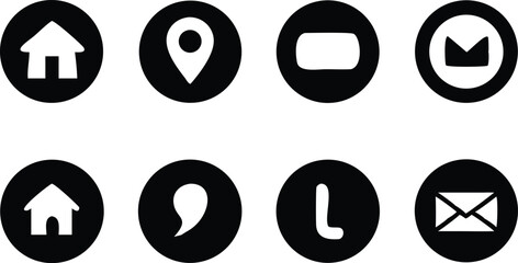 Collection of eight simple black and white silhouette icons isolated on transparent background