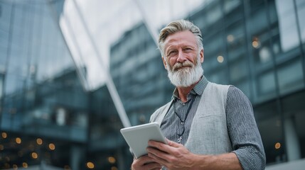 Portrait of senior businessman using tablet in front of his modern office