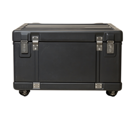 Heavy-duty black transport equipment case with reinforced steel edges, corners, and durable handles for safe transport.