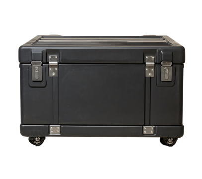 Heavy-duty black transport equipment case with reinforced steel edges, corners, and durable handles for safe transport.