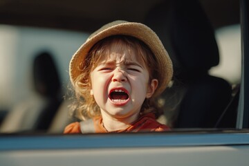 Preschooler little Caucasian girl left alone in car during hot sunny day. Child crying screaming trying to get out of closed vehicle at summer. Children safety protection kidnapping concept. 