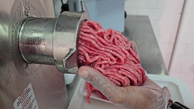 Freshly ground lean red beef emerging from a shiny industrial meat grinder into a butcher's gloved hand, ready for packaging or cooking.