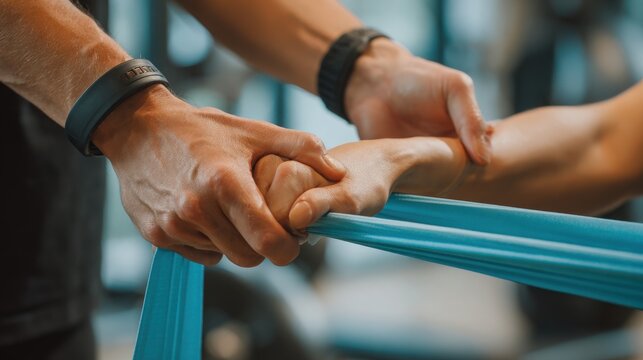 Resistance band, physiotherapy and hands of woman for consulting, medical service and wellness. Healthcare, chiropractor and physical therapist with patient for rehabilitation, recovery and mobility  - Powered by Adobe