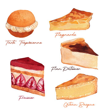 Watercolor French Pastries Set &ndash; Tarte Trop&eacute;zienne, Flan, G&acirc;teau Basque, Fraisier, Flognarde