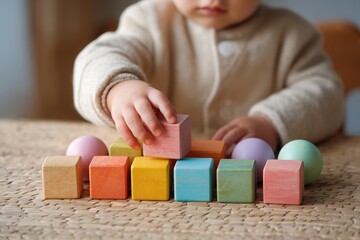 Toddler playing with learning toys at home or kindergarten. Baby sorting organizing objects blocks with specific colors. Early age education. Kids hand brain development activity for preschoolers. 