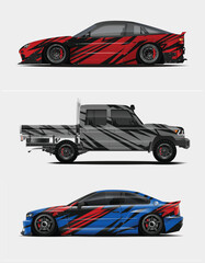 Three Custom Vehicles with Bold Graphics A Sports Car Truck and Modified Coupe