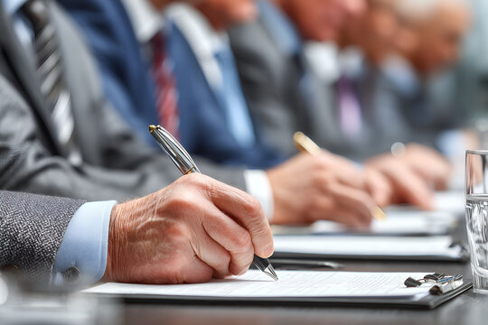 Meeting attendees sign documents during a corporate business negotiation session in a conference with elegant suits and pens