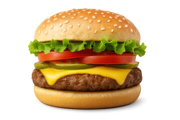 Gourmet hamburger layered with crisp lettuce, ripe tomatoes, pickled garnish, melted cheese on toasted sesame bun, floating against clean backdrop