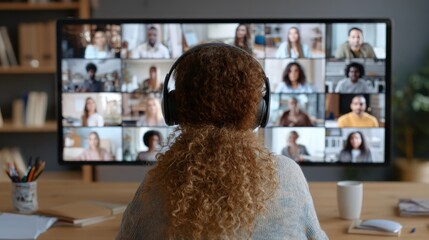 Woman, video call and conference or virtual meeting on screen discussion at home office, collage or webinar. Female person, headphones and group diversity in London or presentation, talk or online 
