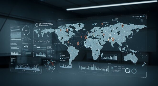 Global digital network map with data charts and icons indicating locations, representing international connectivity and information flow on a futuristic interface