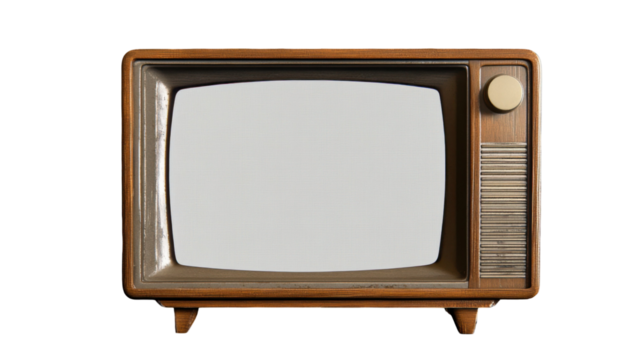 Vintage retro television with wooden frame and classic dials in nostalgic design on white background