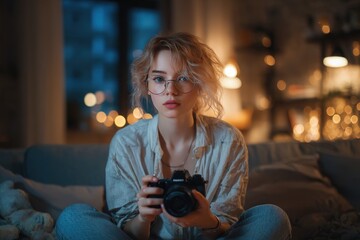 Young female blogger with camera DSLR vlogging reviews baby children toys modern online work 
