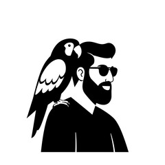Man with beard and sunglasses and parrot on shoulder silhouette