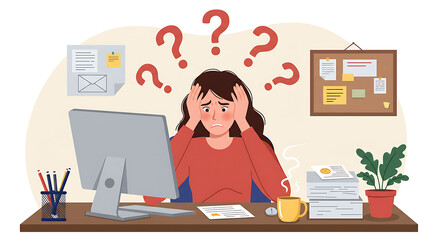 A stressed employee holds his head in frustration, showing remote work burnout. This flat vector uses icons to visualize pressure and mental fatigue. Set for remote work burnout, Remote work stress