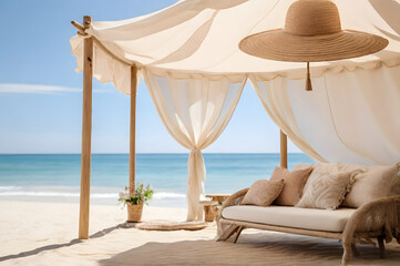 Cozy Summer Beach Cabana with Elegant White Curtains and Ocean View