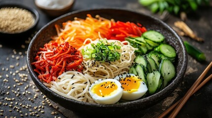 Colorful Asian Noodle Bowl with Fresh Vegetables and Egg