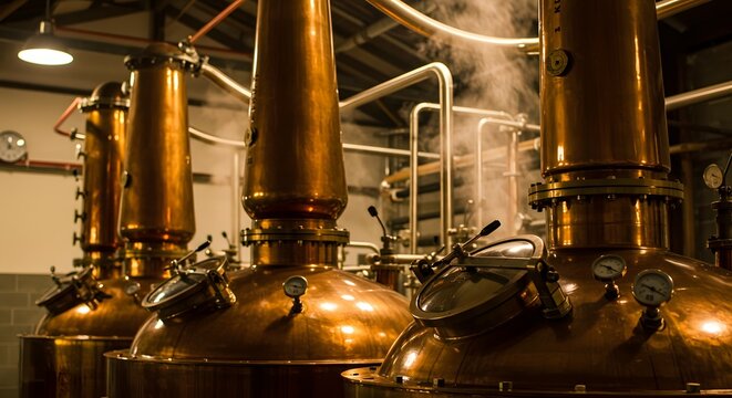 Industrial copper stills for distilling spirits, producing fine liquors and high-quality alcoholic beverages in a modern brewery or distillery setting with visible steam