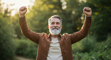 Happy Mature Man Celebrating Success Outdoors with Arms Raised in Victory