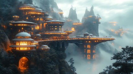 Futuristic cityscape on mountains