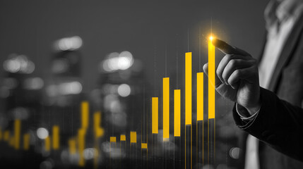 Business Growth Visualization: A professional's hand points towards a rising graph, symbolizing market expansion and financial success, set against a backdrop of a modern cityscape.