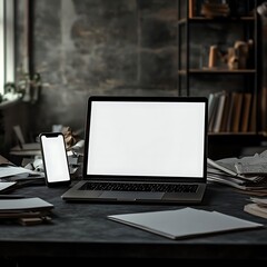 Laptop with phone, workspace, and mockup.