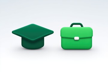 Transition between academia and the professional realm illustrated by a green graduation cap alongside a matching business briefcase encapsulating career readiness and educational achievement