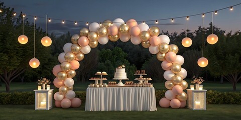 Backyard party decorations balloon arch dessert table string lights event