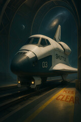 Fototapeta premium Retro Space Shuttle in Gothic Hangar with Galactic Backdrop