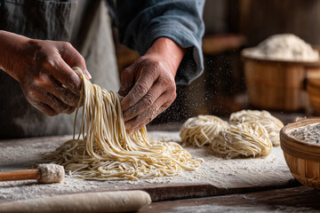 Masterful hands skillfully pull and shape fresh, homemade strands of dough, showcasing the traditional art of noodle making amidst rustic kitchen elements.