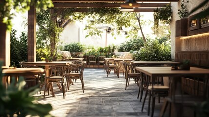 Cozy outdoor cafe-style furniture with wooden tables and chairs