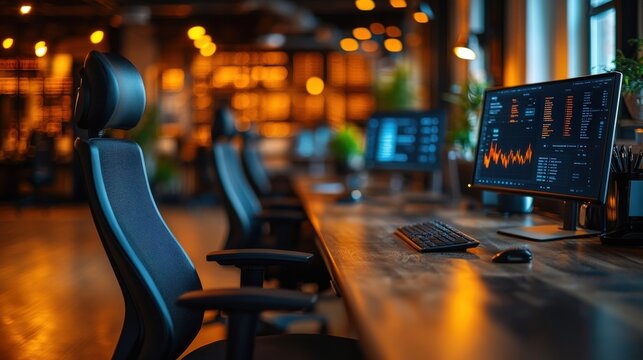 Empty office workspace with ergonomic chairs computers displaying stock data and blurred ambient lighting