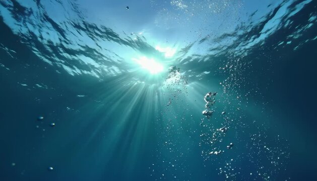 Sun rays shine through water with bubbles, creating a beautiful underwater scene